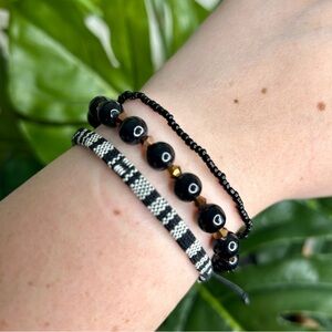 Black Boho Glass Beaded & String Bracelet 3 Piece Bundle | Stack | Gift